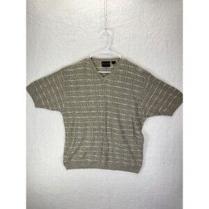Florence Tricot Short Sleeve Sweater Men’s Size L Beige Plaid V Neck Knit Top‎
